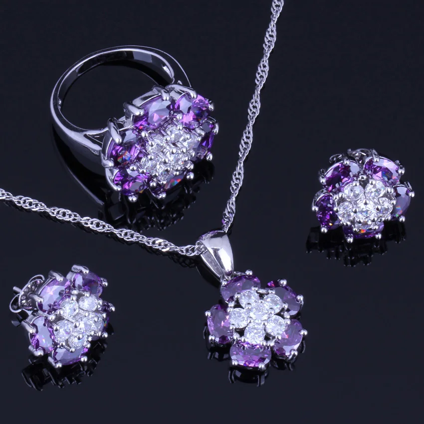 Glamorous Purple Cubic Zirconia White CZ Silver Plated Jewelry Sets Earrings Pendant Chain Ring V0231