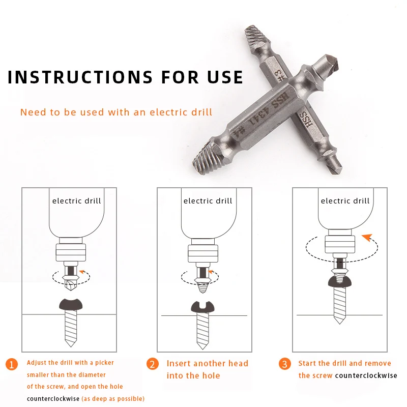 4pcs Damaged Screw Extractor Drill Bits Double Side Damage  Easy Out Stud Reverse Screw Extractor Tool Kit