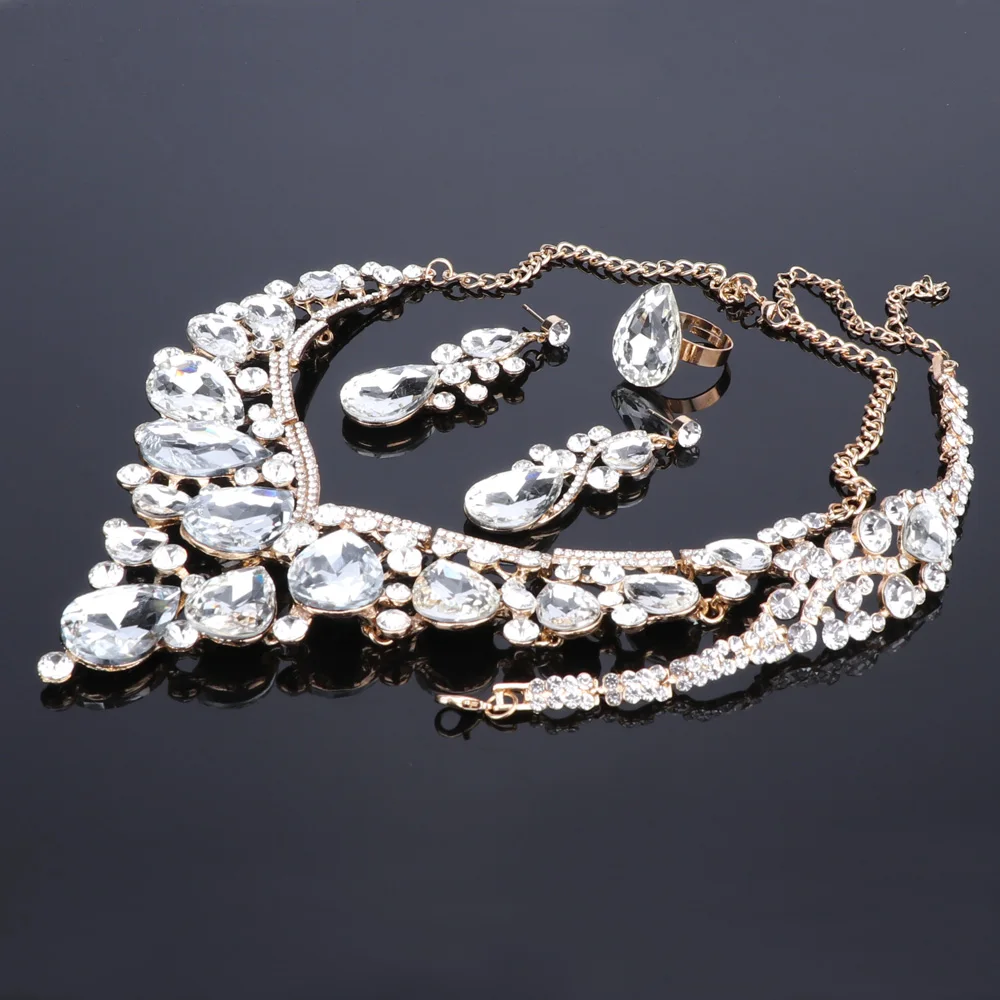 Women Bridal Jewelry Sets Wedding Necklace Earring Bracelet Ring For Brides Bridesmaid Party Accessories Crystal Decoration