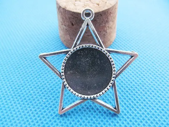 50pcs Antique Silver/Bronze Five Pointed Star Round Base Setting Tray Bezel Pendant Charm/Finding,Fit 18mm Cabochon/Cameo