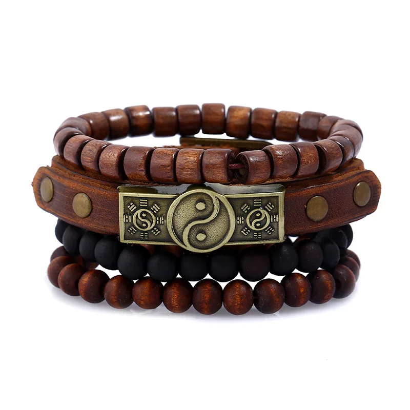 4pcs/set Dark Brown Leather Copper Taoism YINYANG Bagua TaiJi KongFu Tag Charm Wood Beads Layers Bracelet Bangles Unisex Jewelry