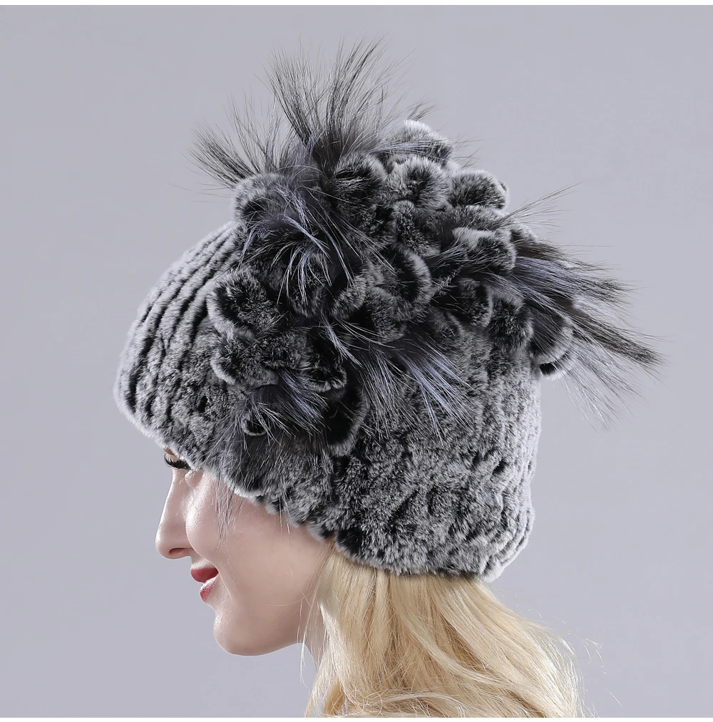 Neue Russische Damen Echt Rex-Kaninchenfell Mützen Luxuriöse Gestrickte Blumen Echte Rex-Kaninchenfell Kappe Winter Echt-Fell Beanie Mütze – Detail 11