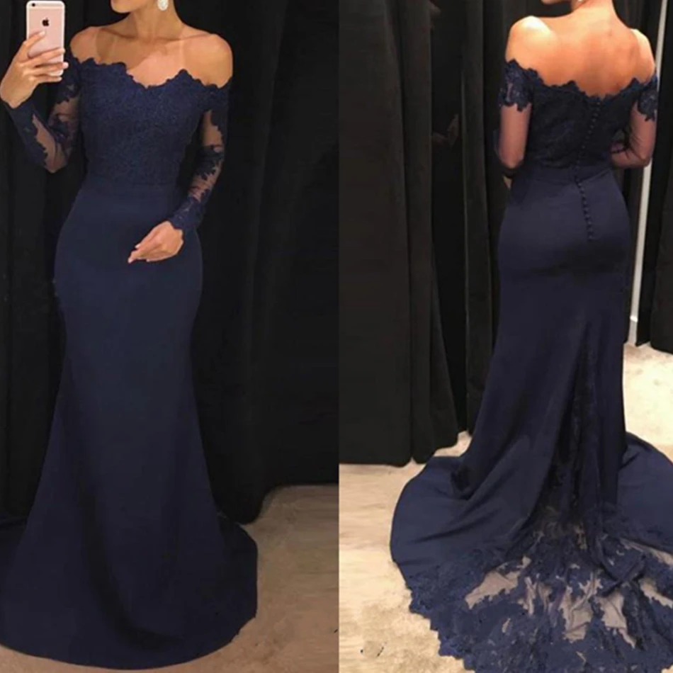 2021 Off The Shoulder Navy Blue Mermaid Prom Dresses Long Sleeves Lace Satin Evening Dresses Formal Evening Elegant Prom Gowns