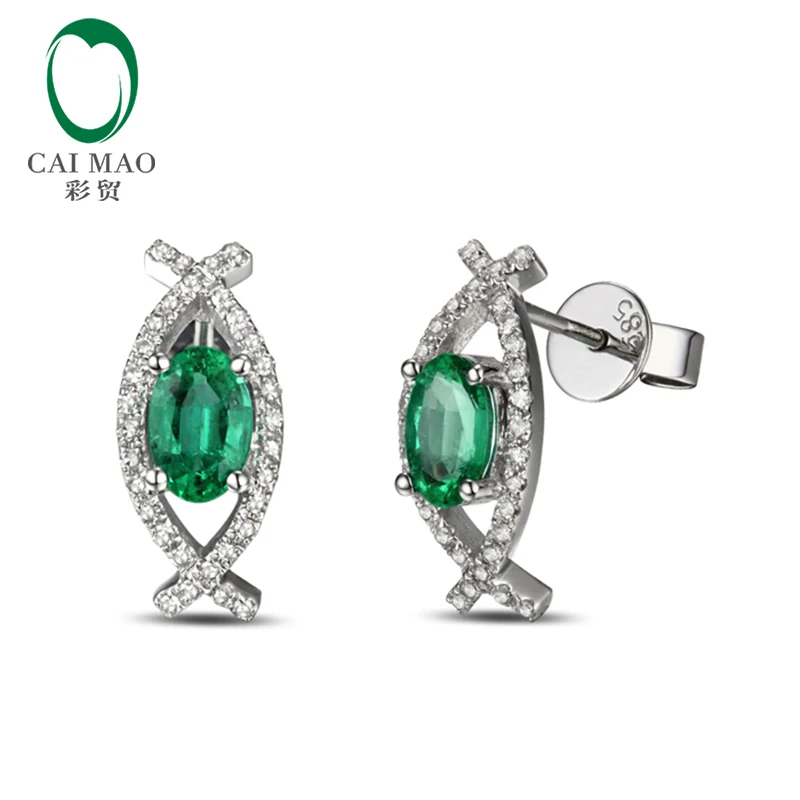 0.7ct Green Emerald 14k Gold Pave Diamond Engagement Earrings Studs