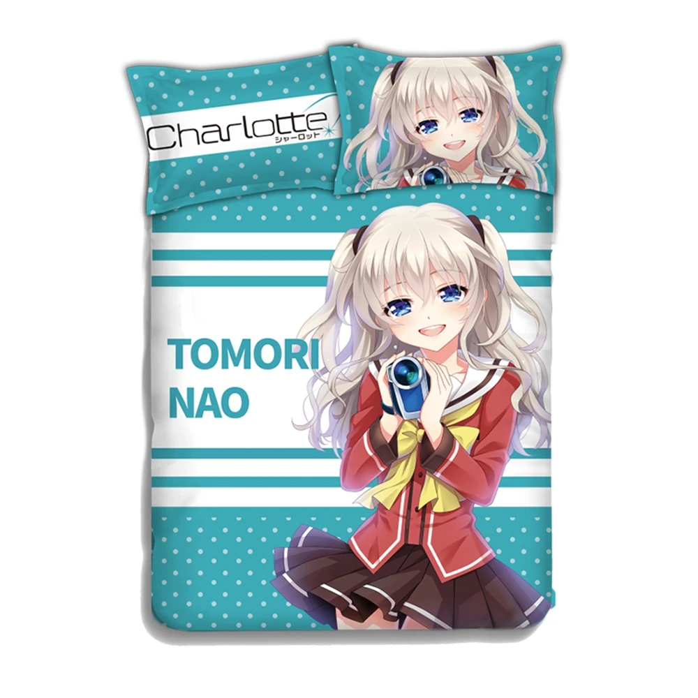 อะนิเมะ JK Charlotte Tomori Nao สาวการ์ตูน4PCS ชุดเครื่องนอนแผ่นผ้านวมผ้านวมหมอนเตียงในกระเป๋า