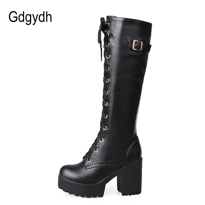 Gdgydh Hot Sale Spring Autumn Lacing Knee High Boots Women Fashion White Square Heel Woman Leather Shoes Winter PU Large Size 43