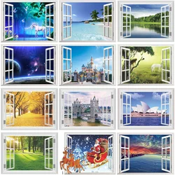 3d Fake Window Wall Stickers For Office Living Room Bedroom Home Decoration Sea Hill Animal Forest Space Scenery Mural Art Decal