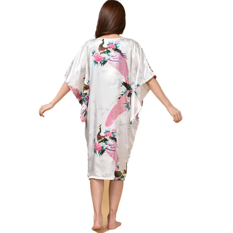 Hot Sale Chinese Women\'s Silk Sleepwear Robe Summer Lounge Home Dress Printed Peacock Yukata Nightgown J06