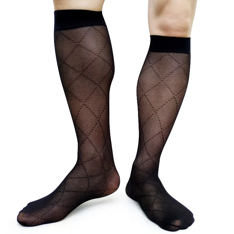 See Through Plaid Sexy Business Socks For Men Formal Dress Suit Socks Stocking High Elastic Tube Socks Male Socks Collection