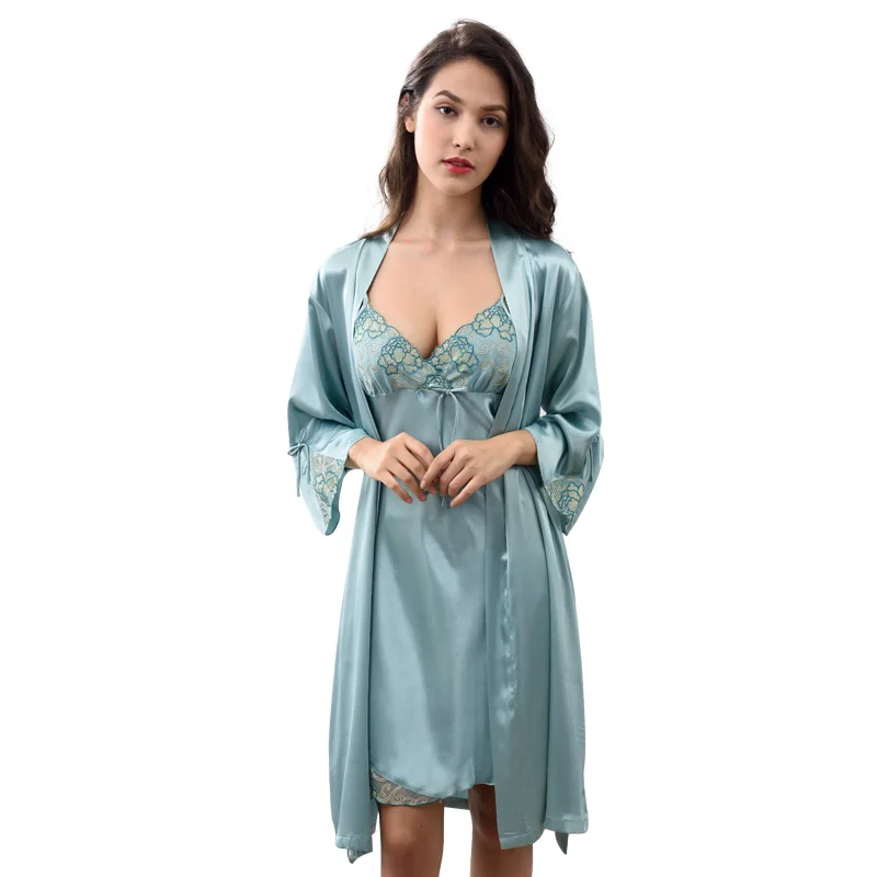 XIFENNI-Ensemble de Robe Brodée en Dentelle pour Femme, Deux Pièces, Sexy, Satin, Soie, Peignoir, Vêtements de Maison, X2024