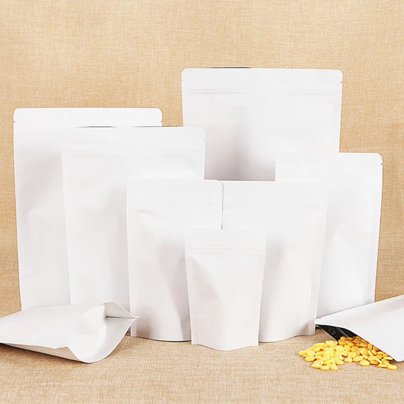 Wholesale White Stand-up Kraft Paper Zipper Foil Bags Resealable Snack Powder Coffee Chocolate Self-sealing White Gifts Bag