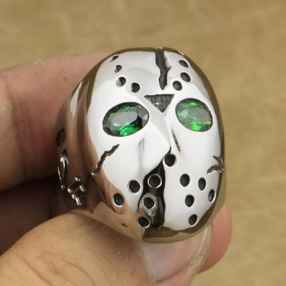 316L Stainless Steel Halloween Jason Hockey Green CZ Eyes Mens Ring 3F201A