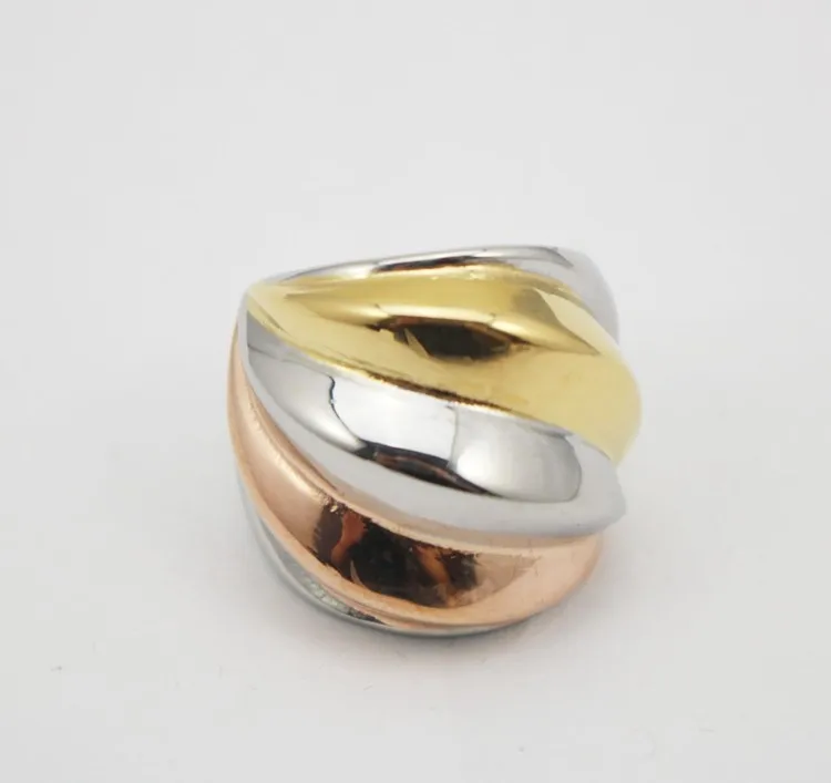 Stainless Steel 3 Color Rings Women Fashion Jewelry Golden Silver color Rose Golden Unique Cocktail Party Ring Size 6 7 8 9