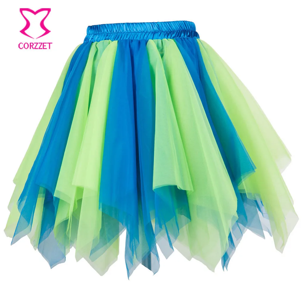 

Green&Blue Layered Tulle Skirts Women Club Sexy Petticoat Gothic Mini Tutu Skirt Fluffy Pettiskirt Halloween Corset Underskirt