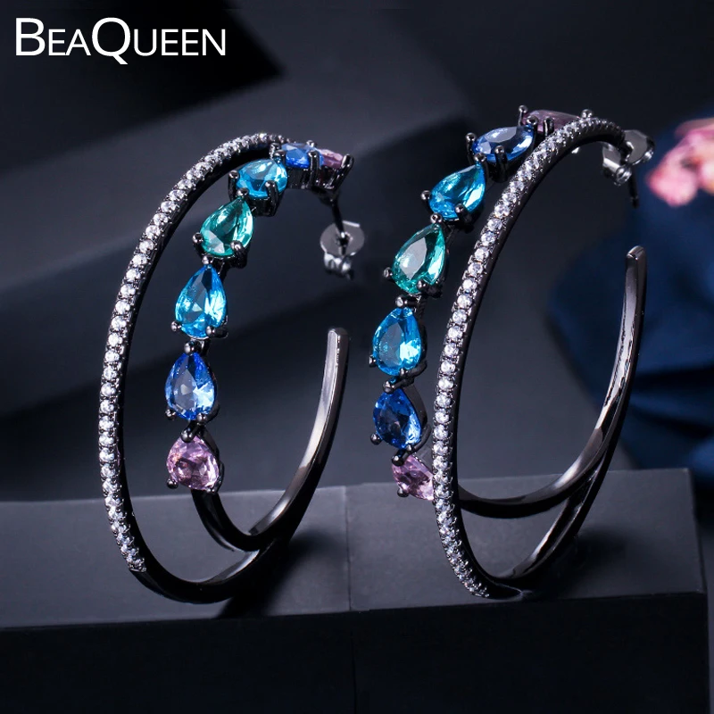 BeaQueen New Colorful CZ Black Gun Color Large Double Round Circle Hoop Earrings for Women Christmas Halloween Jewelry Gift E280