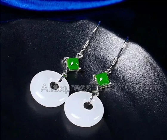 Beautiful 925 Sterling Silver Green White HeTian Jade Round Dangle Design Lucky Hook Earrings Girl's Charm Gift Fine Jewelry