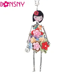 Bonsny doll Necklace Dress Trendy Long Chain 2017 New Acrylic Alloy For Girl Women Red Flower Figure Fashion Jewelry Accessories