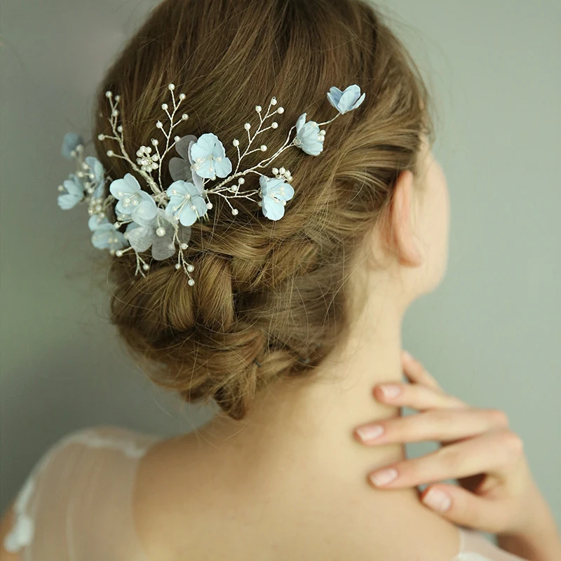 Jonnafe Light Blue Floral Hair Comb Wedding Accessories Pearls Bridal Hair Jewelry Handmade Women Ornaments