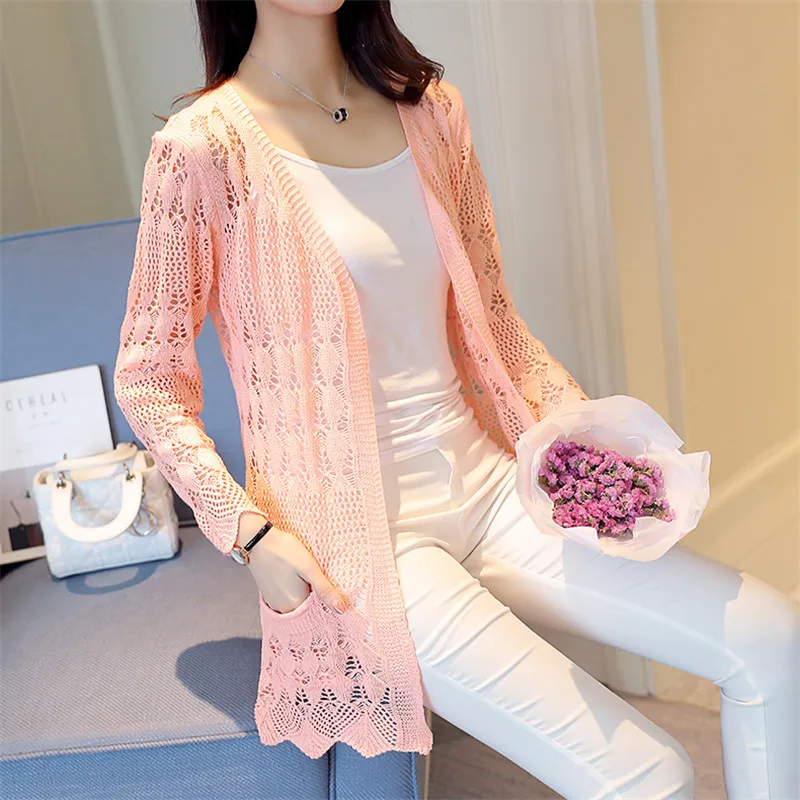 Women\'s Cardigan Jacket Summer Knitted Cardigan Loose Shawl Hollowed Out Long Sleeved Casual Sweater