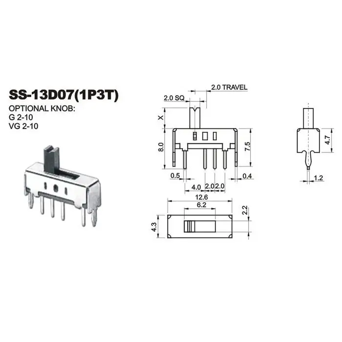 100Pcs SS13D07G4 3 Position SPDT 1P3T 6 Pin PCB Panel Mini Vertical Slide Switch SS13D07VG4