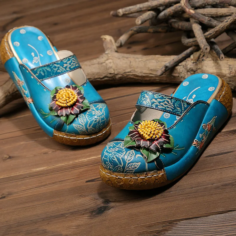 GKTINOO Flower Slippers Genuine Leather Shoes Handmade Slides Flip Flop On The Platform Clogs For Women Woman Slippers