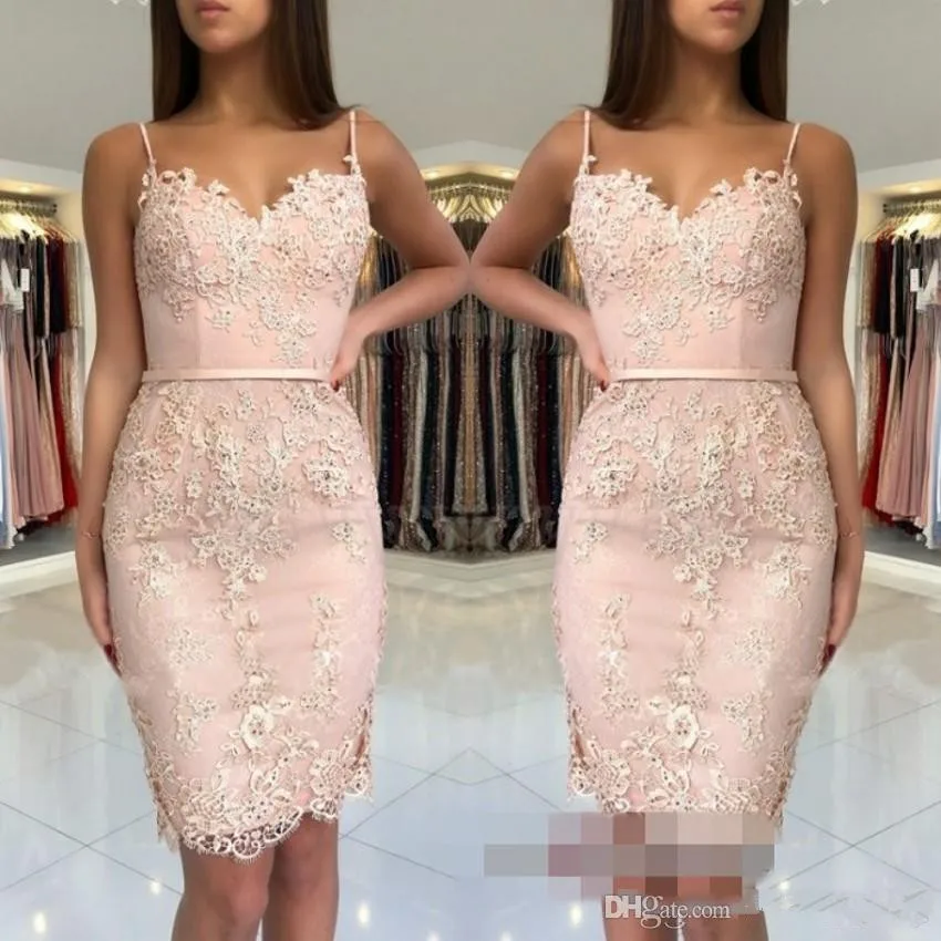 

Pink Cocktail Dresses Spaghetti Straps Short Mini Lace Beaded Elegant Party Homecoming Dresses