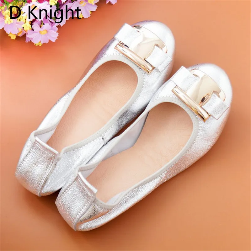 2022 New Women Flat Loafers Shoes Slip-on Bow Metal Decoration Casual Ballet Flat Genuine Leather Women Ballerina Shoes Big Size