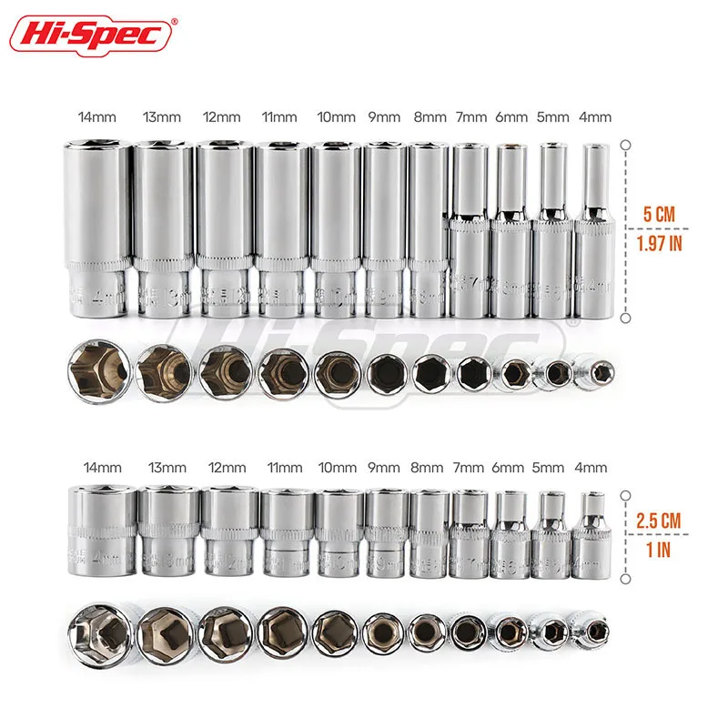 Hi-Spec 11pc 1/4  Socket Set Adapter Short Long Sockets 4-14mm Deep Socket Tool Heads Torque Spanner Ratchet Socket Wrench