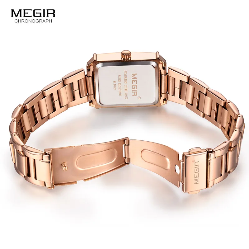 Megir Stainless Steel Bracelet Date Analogue Display Quartz Watch for Ladies Girls Luxury Simple Rose Gold Wristwatch for Women