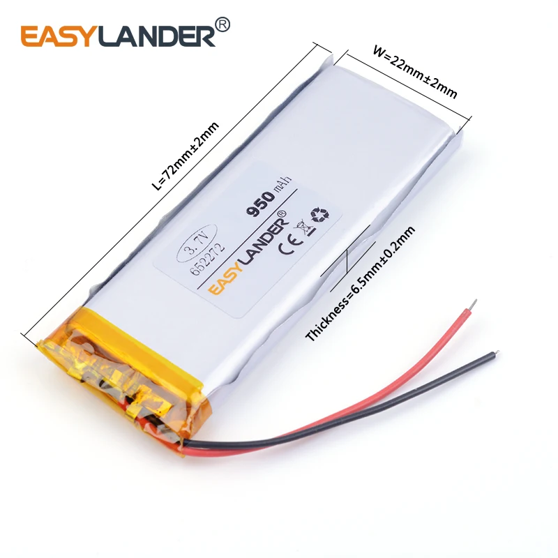 

10pcs /Lot 3.7V 950mAh 652272 Rechargeable Lithium Li-ion Polymer Battery For Mp3 DVD PAD phone camera