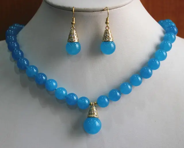 

Free shipping@@@@@ Charming 8mm Blue Natural stone Hook Earring Necklace Jewelry Pendant Set