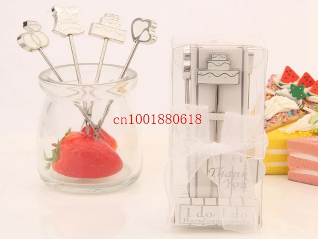 50pcs/sets Free Shipping Metal Fruit Fork Pick Seaside Food Snack Dessert Cake Picks Wedding Party Favors Gift Box