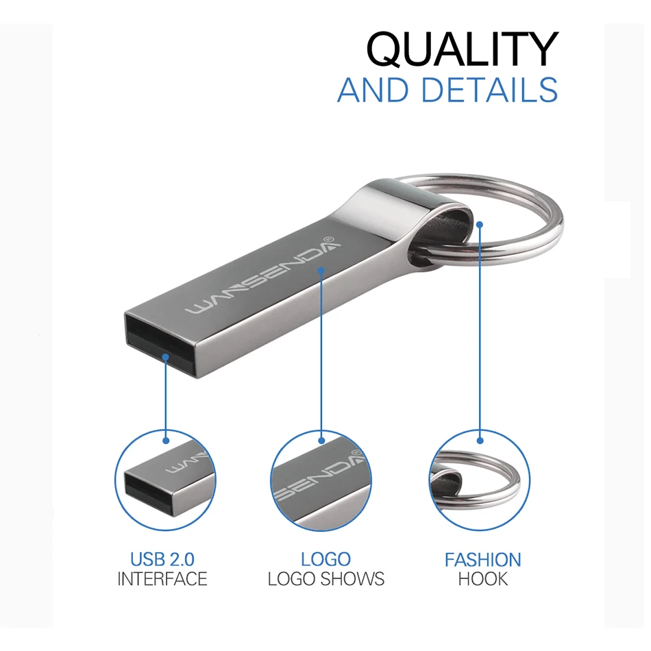 Wansenda-unidad Flash USB de acero inoxidable de Metal, lápiz de memoria con llavero, 128GB, 8GB, 16GB, 32GB y 64GB