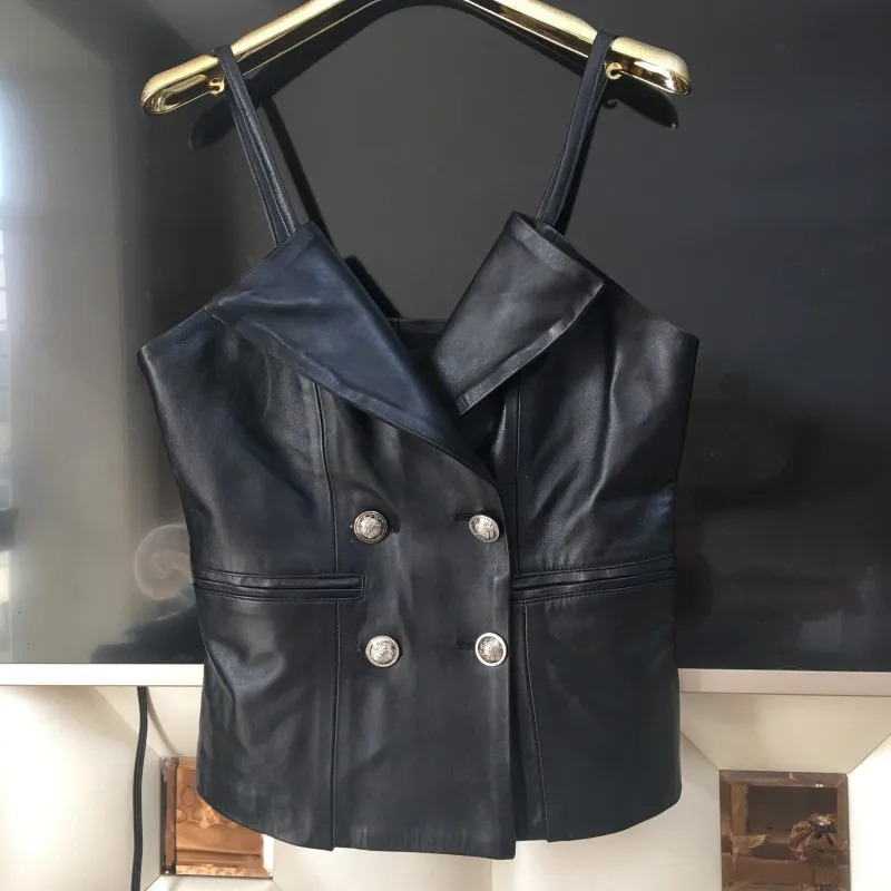 Genuine Leather Vest Black Female Sleeveless Short Sexy Leather Waistcoat Clothing Korean Style Streetwear Sheepskin Vests Soft