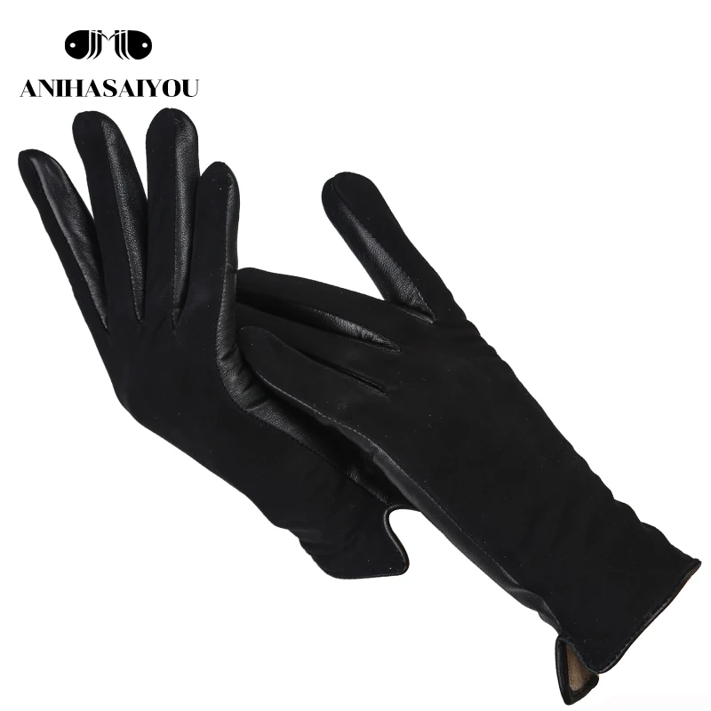 Simple short women\'s gloves,High grade genuine women\'s leather gloves,Matte leather black leather gloves women - 0717