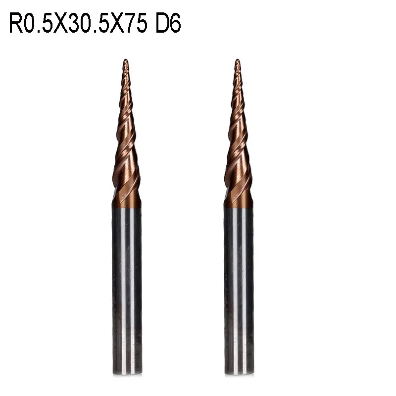 

2PCS R0.5*D6*30.5*75L*2F HRC55 Tungsten solid carbide Coated Tapered Ball Nose End Mills taper and cone endmills