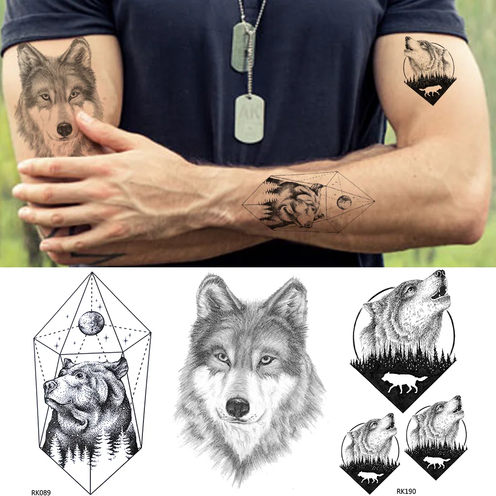 

Men Geometric Universe Temporary Tattoo Sticker Geometric Bear Waterproof Tatoo Women Makeup Fake Roaring Wolf Tattoo Decal