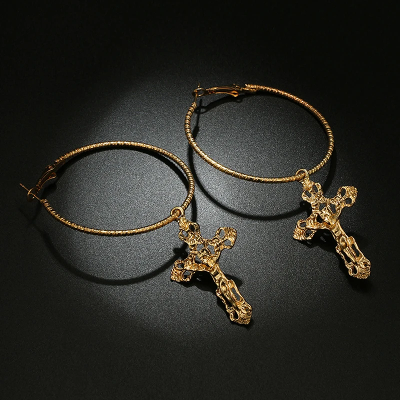 SRCOI Punk Hyperbole Jesus Big Cross Circle Sexy Hoop Earrings Alloy Round Bohemian Baroque Accessories Women Party Gold Earring