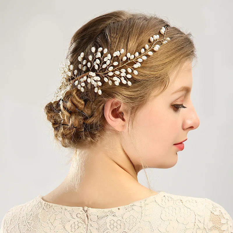 SLBRIDAL Handmade Wired Pearls Flower Wedding Hair Comb Headband Hairband Bridal Hair accessories Bridesmaids Jewelry Women