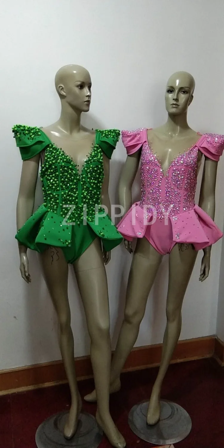 Sparkly Rhinestones ตาข่าย Bodysuit สีเขียวหินสีชมพูชุดบอดี้สูทนักร้องหญิงเครื่องแต่งกายผู้หญิงวันเกิดชุดเต้นรำ