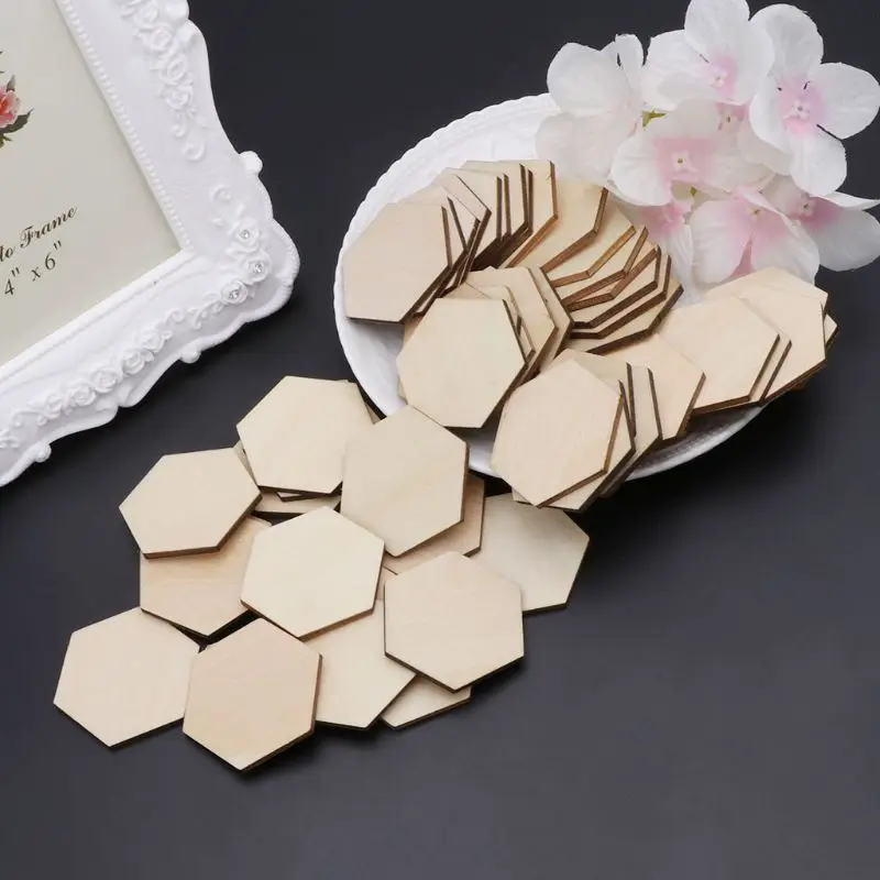 50pcs Hexagon Laser Cut Unfinished Wooden Discs Embellishments Arts Crafts DIY Birthday Wedding Display Decor 40mm