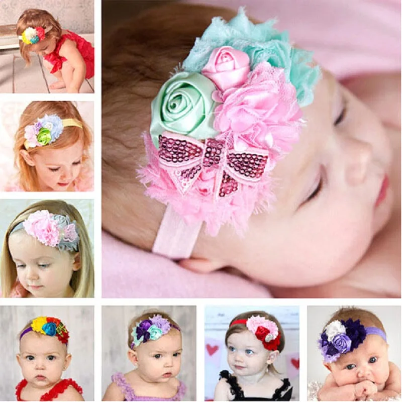 4 Flowers Bow Rose Baby Girls Hairbands Hair Clip Princess Headband Children Hair Bands Head wear Ribbons Young Girl Bandeau H23