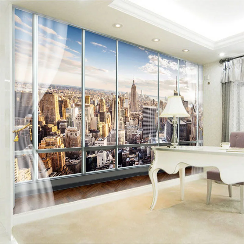 Custom Photo Wall Mural 3D Stereo Window New York City Building Landscape Wallpaper For Office Living Room Home Decor Wall Cloth