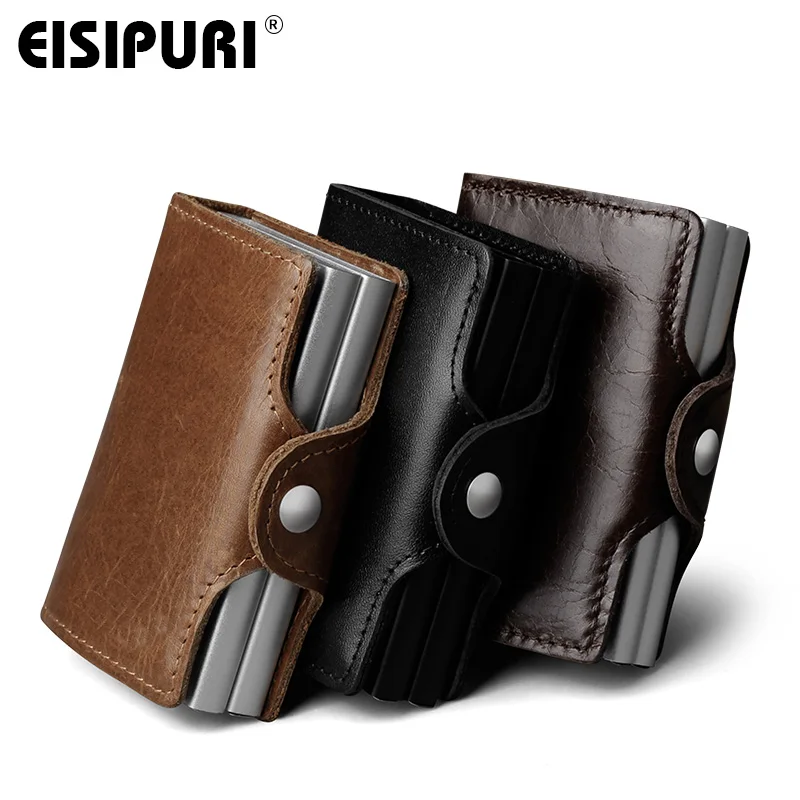 EISIPURI Men Genuine Leather double Metal Credit Card Holder Aluminium RFID Blocking Wallet Hasp Mini Vintage Wallet Hold  Cards