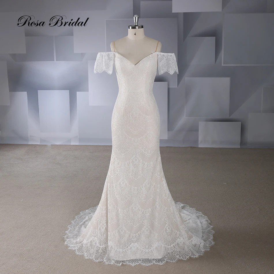 Rosabridal  Mermaid Wedding Dress 2019 New Style Champagne off shoulder Spaghetti Straps Lace up Trumpet bridal gown court train