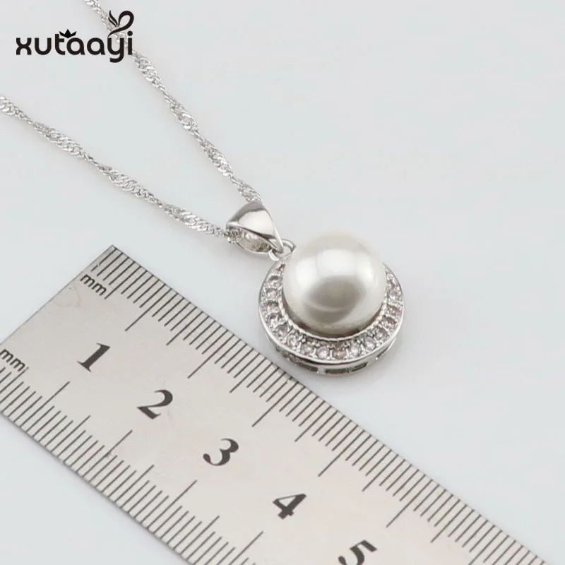 XUTAAYI White Simulated-Pearl White CZ  Sterling Silver Jewelry Sets For Women Necklace Pendant Drop Earrings Rings Gift box
