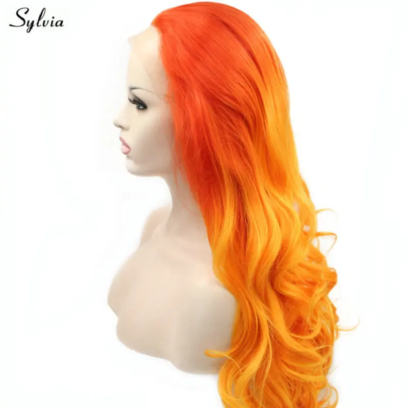 Sylvia Long Body Wave Darksalmon Ombre Orange Wig Synthetic Lace Front Wig Natural Hairline Cosplay For Women Two Tone Wig Party