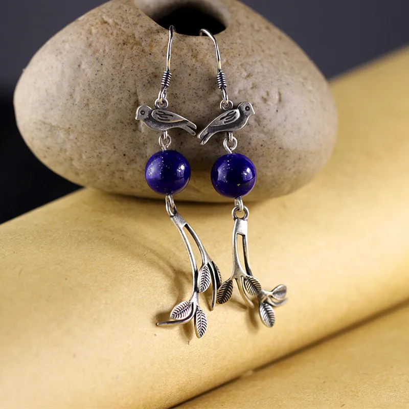 

S925 pure silver ornaments ethnic wind lady beaming lady eardrop of lapis lazuli