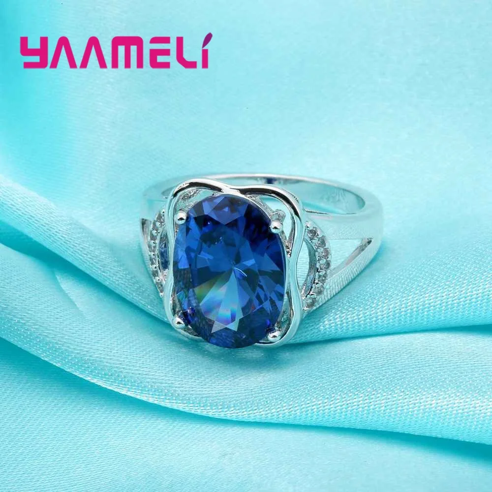 Princess Cutting 925 Sterling Silver Ring Romantic Blue Oval Cubic Zircon Wedding Jewelry for Women Bride Free Shipping