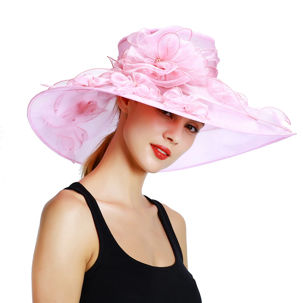 Outstanding Women\'s Wide Brim Summer Organza Hat with Handmade Floral Details for Church, Wedding or Kentucky Derby S10-3802